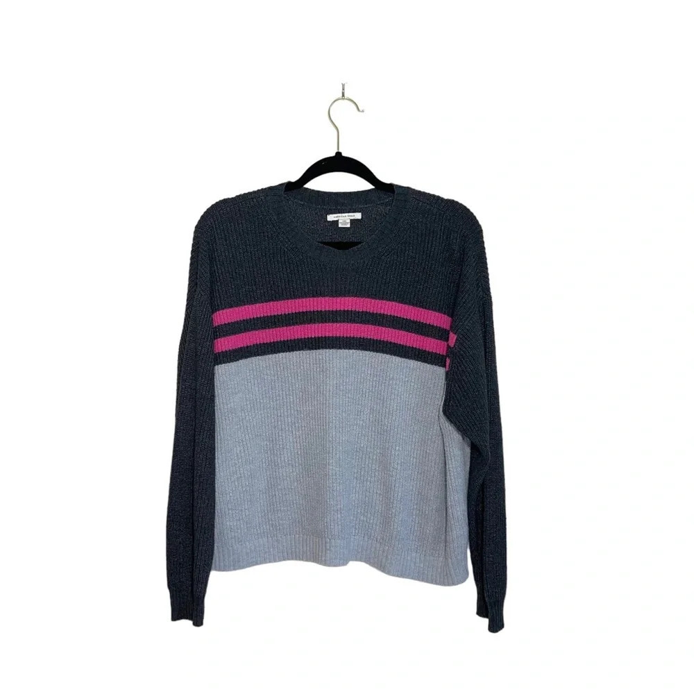 American Eagle Knit Sweater Gray & Pink Stripe Color Block Comfy Large Women’s